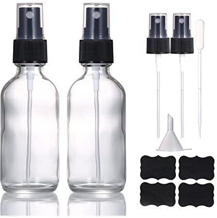 LIYUABU 60ml Klarglas Sprühflasche,kleine leere feine Nebelparfüm Nachfüllbare Reise Sprühflasche für ätherische Öle/Haare/Aromatherapie/Reinigung/Kosmetik mit zusätzlicher Sprühdüse (2 Stück)