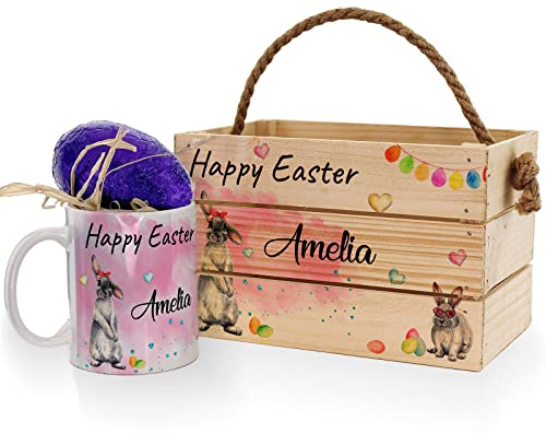 Hairyworm Personalised Easter Basket and Mug and Milk Chocolate Easter Egg Gift Set, Wooden Easter Egg Hunt Box Hamper, Carry Crate with Rope Handle, Pink Heart Bunny Rabbit, Bunny Crate