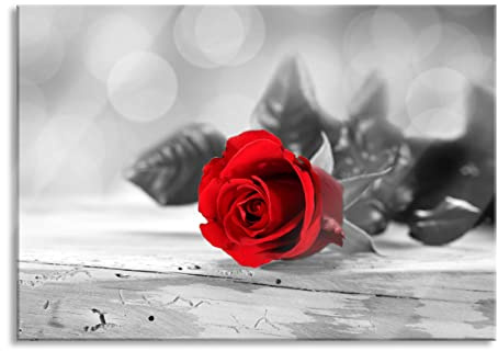 Pixxprint Glasbild, Wandbild aus Echtglas, Rose auf Holztisch, 100x70 cm, inkl. Aufhängung und Abstandshalter