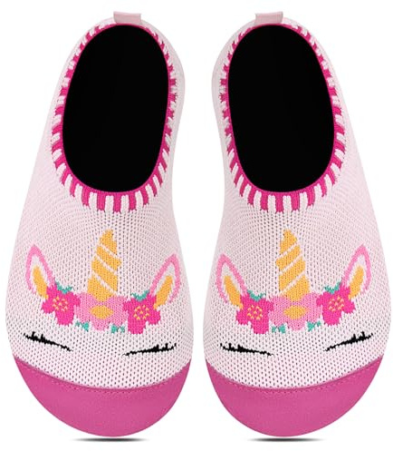 Kyopp Bambini Sneakers Ragazze Leggere, Pantofole Scorrevoli Calzini per Casa Traspiranti Calzini a Maglia Bambini Piccoli Bambino, Unicorno rosa, 28/29 EU X-Ancho