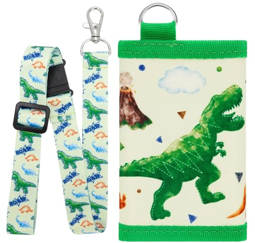 WAWSAM Geldbeutel Jungen, Dinosaurier Brustbeutel Kinder, Portmonee Kinder mit Verstellbares Schlüsselband, Mehrere Taschen und Kartenfächer für Geldbörse Jungen Mädchen (4-12 Jahre)