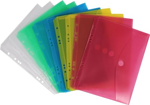 Nachhaltige Dokumententaschen / 10 Stück/mit Klettverschluss aus Post-Consumer-Recycling PP mit Abheftrand EURO-Lochung, transparent farbig sortiert (A5)