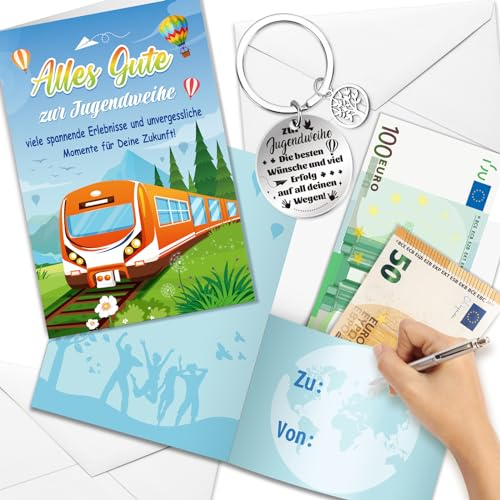 DPKOW Jugendweihe Geschenk für Jungen Mädchen, Karte Geldgeschenk Jugendweihe Schlüsselanhänger Geschenkidee, Jugendweihe Glückwunschkarte mit Umschläg kleine Geschenk zur Jugendweihe