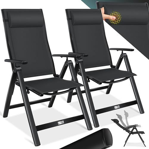 KESSER® Gartenstuhl Hochlehner mit Armlehnen 2er Set Aluminium Klappstuhl mit Kopfkissen & Abdeckung Campingstuhl 7-Fach Verstellbar Rückenlehne Atmungsaktiv Wetterfest Klappbar Anti-Rutsch, Schwarz