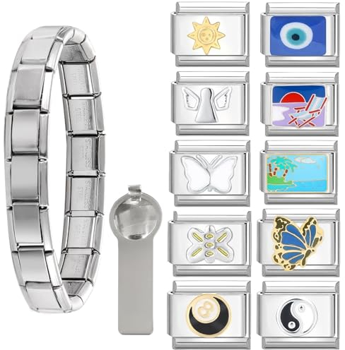 MJARTORIA Ensemble de Bracelets à Breloques Italiens - Or et Argent - 9 mm - Avec Modules Amovibles - Cadeau Pour Homme, Femme, Garçon