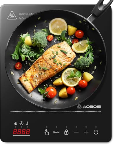 Aobosi Placa de Inducción 1 Placa, placa de inducción, 20 niveles de potencia y niveles de temperatura, placa de inducción portátil 2000 W, temporizador 10H, negro