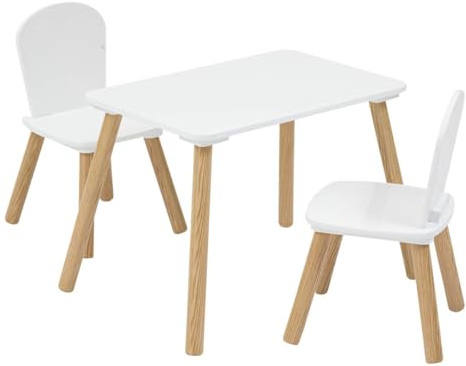 Atmosphera - Conjunto de Mesa y sillas Infantiles Alex - 3 Piezas (1 Mesa + 2 sillas) - Tablero Resistente al Agua - Muebles de Dormitorio y Sala de Juegos - para niñas y niños - Madera, Bordes