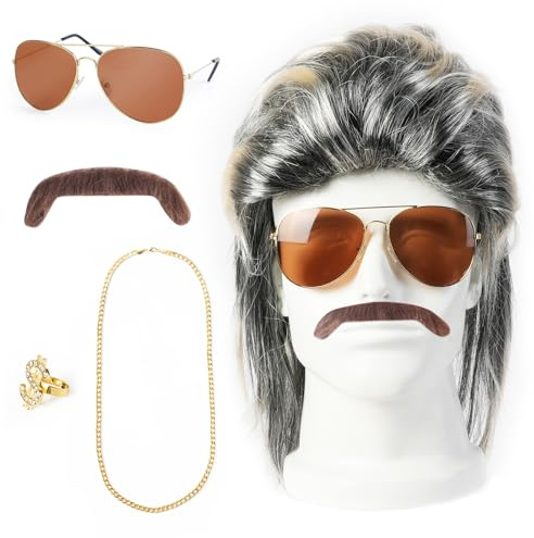Aomig Perücke Männer Hellbraun Vokuhila Set 80er Mullet | Perücke Goldketten Sonnenbrillen Ringe Bärte Herren Lang Synthetische Haare Disco Rockstar Locken Cosplay Halloween Party