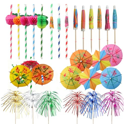 FIHODONE Lot de 160 accessoires à cocktail pour boissons, comprenant 100 bâtons mélangeurs feu d'artifice, 40 parapluies, 10 pailles à cocktail, 10 pailles à cocktail, décorations de cocktail pour