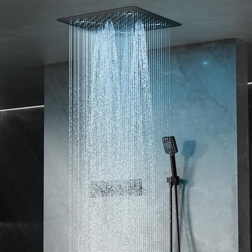 OihPaw Duschsystem,Multifunktional Unterputz Duscharmatur,Duschsystem Mit Thermostat, Mit LED-Farblichter,500×500mm Kopfbrause,Handbrause Duscharmatur Komplettset,Schwarz Duschsystem