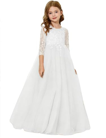 ABaoWedding Lace Floral Appliques Flower Girl Dress, 3/4 Sleeve Girls Pageant Tulle Ball Gown (Size 6, White)