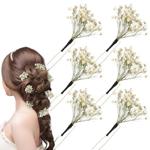 Auiremrti 6 pièces de barrettes style gypsophile avec eucalyptus pour mariages, fêtes de mariée, fleurs séchées, accessoires, épingles à cheveux pour mariées, femmes et filles