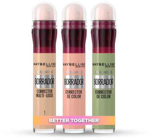 Pack Trio Maybelline New York, Corrector Borrador de Ojeras, Bolsas e Imperfecciones, Tono 01 Light + Tono Rosa + Tono Verde