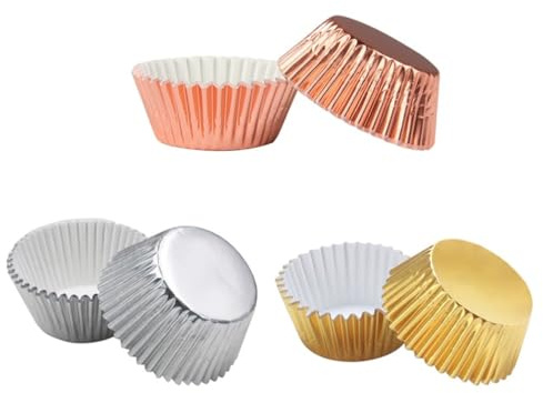 Kichvoe 300PCS Pirottini in Alluminio per Cupcake, per Muffin, Stampi per Torta, Oro Chiaro, Argento, Oro Rosa, 2.75 x 2.75 x 1.18 Pollici