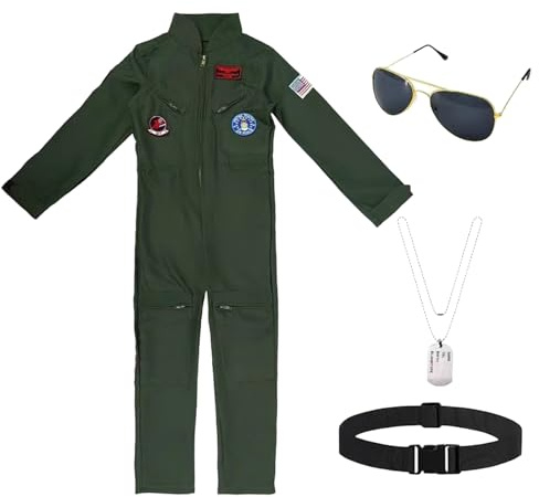 bechoanigel Costume da pilota per bambini, verde militare, costume da pilota per bambini, tuta divisa con occhiali da sole, collana e cintura, per fotografia, Halloween, carnevale, cosplay, S