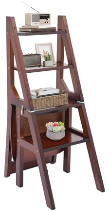 Trittleiter 4 Stufen Klappbar Klappbarer Trittstuhl Bibliotheksleiter Holzleiter Klappstuhl aus Kiefernholz, Ausstellungsständer Kletterstufen für Küche Zuhause Bibliotheken, bis 100kg (Walnussbraun)