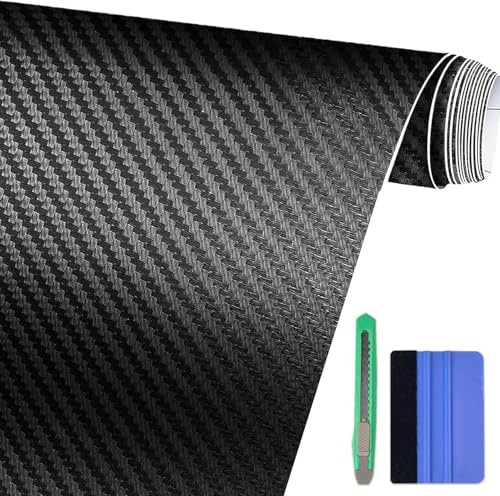 Foneso Carbon Folie, 3D Schwarz mit Werkzeug,150 X 30cm,Selbstklebend Autofolie aus Vinyl,Auto Schutz Carbon Folie
