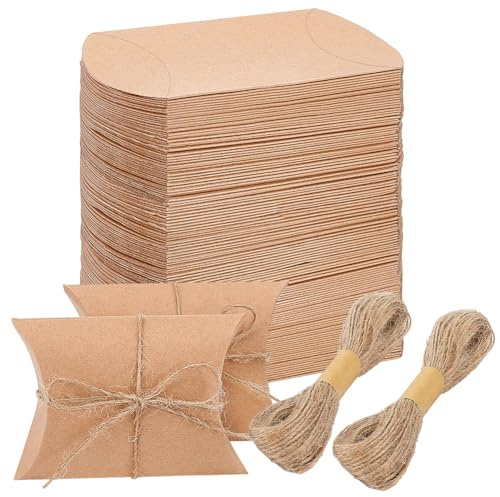 BENECREAT 100 juego de Cajas de Almohada de Papel Kraft, Caja de Regalo de Almohada Marrón de 7.2x6.5x2.5cm con Cordel de Yute Y Cajas de Envío para Bodas, Fiestas, Chocolates, Azúcares Y Galletas.