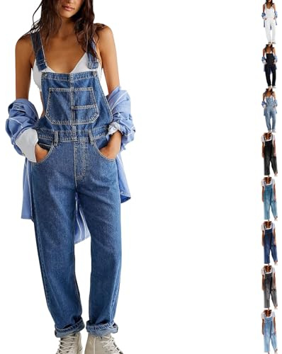 Denim Dungarees for Women UK Casual Adjustable Straps Denim Jumpsuit with Pockets Classic Sleeveless Wide Leg Jeans Overalls Washed Distressed Loose Fit Playsuits Overalls for Holiday Work Daily