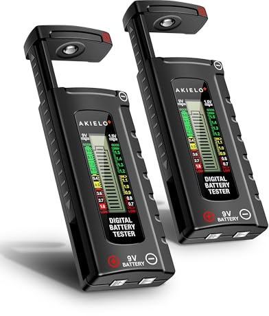 AKIELO+ Digital Batteritestare (2 Stycken) – Lättläst LCD‑skärm – Inget Batteri Behövs – Universell Batterikontroll för AA AAA C D 9V 1,5V Knappcell