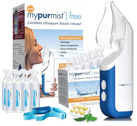 Mypurmist Free Premium Kit – Cordless Steam Inhaler with Water Refills, ScentPad, and Handsfree Strap – Personal Steamer Vaporizer Humidifier for Sinus Relief, Nasal Congestion, Cold