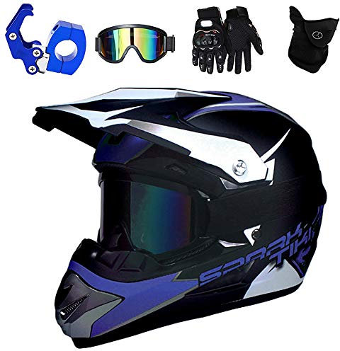 PKFG® Motorrad Crosshelm Kinder Blau, Moped Motocross Helm mit Brille Maske Handschuhe und Helmhaken, Abnehmbar Visier Offroad Enduro Helm für Mountainbike/Schneemobil/MTB/VTA, L (56~57CM)