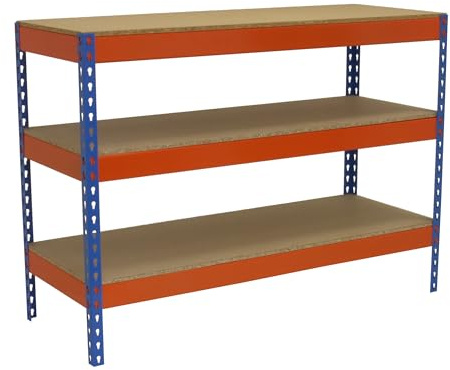 SimonRack Banco de Trabajo Taller, Mesa de Trabajo Taller, Carga Máxima 400 kg, 900x1800x450 mm, Bricolaje, 3 Alturas, Azul/Naranja/Madera - BT-Basic