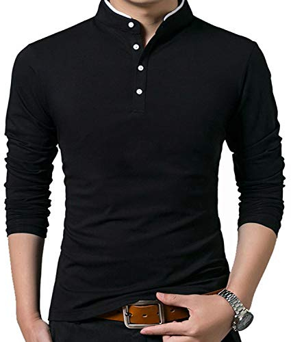 VANVENE Uomo Casual Polo Henry Camicie Regular Fit Manica lunga/corta Moda Pianura Top, A-black, L