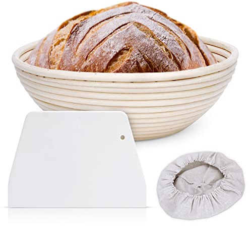 Clheatky Banetones Para Pan Redondo 25cm, Set Cesta Fermentacion Incluyendo Pan Cojo, Raspador de Masa, Raspador de Cuenco, Cepillo de limpieza para Hornear