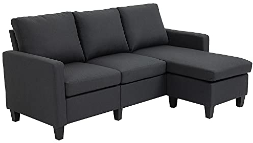 HOMCOM Ecksofa, 3 Sitzer Sofa und Kissen, Eckcouch, L-Form Couch für Wohnzimmer, Schlafzimmer 197 x 139 x 91 cm, Leinen, Dunkelgrau