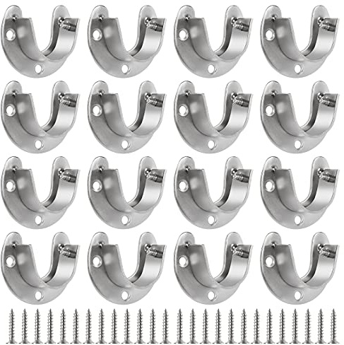 16 PCS Stainless Steel Closet Rod Brackets, 1 Inch Dia Heavy Duty Socket Flange Rod Holder, Shower Curtain Rod Pole End Supports, Open Type Wardrobe Bracket Holder with Screws U-Shaped, Silver
