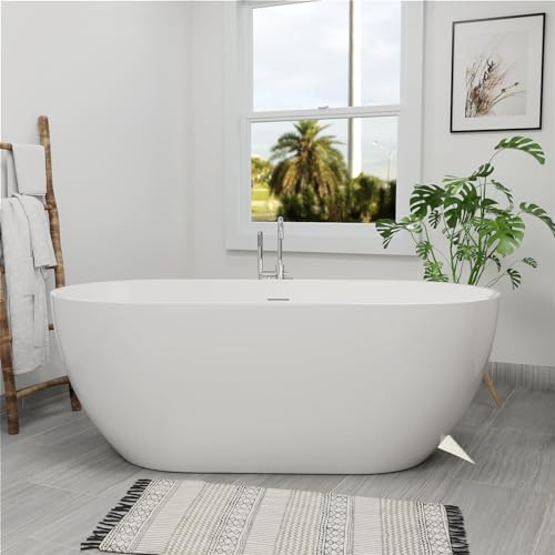 Mokleba 65 Acrylic Freestanding Bathtub, Double Ended Free Standing Tub, Soaking Tub with Integrated Slotted Overflow, Toe-Tap Chrome Drain, cUPC Certified, Glossy White