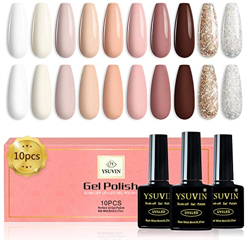 YSUVIN UV Nagellack, 10 Farben Nude Rosa Weiß Beige Braun Glitzer Gold Silber Gel Nagellack Soak-Off UV Gellack für Frauen Home DIY Nail Art Salon, 8ML
