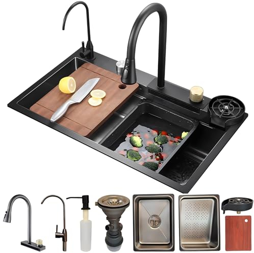 Wasserfall-Küchenspüle, 304 Edelstahl Spüle, Mit Ausziehbarem Wasserhahn, Cup Washer Drop-In Oder Undermount-Installation, Bar Prep Sink, Leicht Zu Reinigen (Color : Black-Grey, S : 75x45cm)
