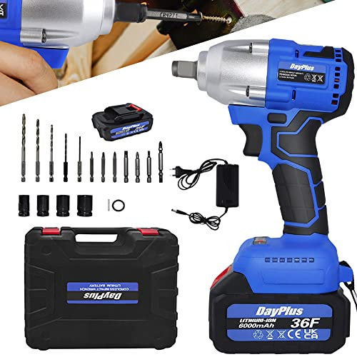 AUTOFU Impact Wrench Cordless Drill Kit, Brushless Battery Power Wrench Drill Combi Set with 4 Sockets & 12 Driver Bits, 2X 6.0 Ah Battery and Charger, for Car and Home Improvement