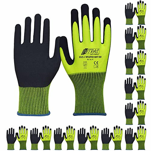 Nitras Nylotex Soft HV 3525 12 pares - Guantes de jardinería de construcción, color señal, suave, antideslizante, látex, talla: 8