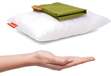 Pipsqueak Small | Tiny | Mini Pillow with Name Tag - 11in x 7in x 2.5in - Machine Washable - White Pillow with Olive Case