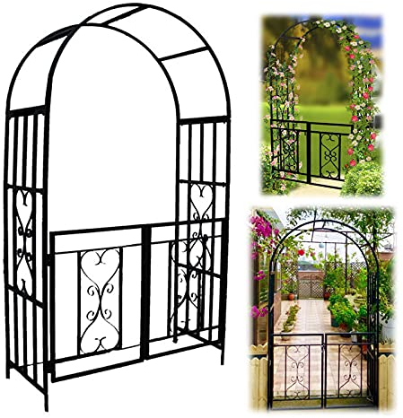 LekLai Rosenbogen Mit Tor, Garten-Metalllauben, Hochzeitsbogen, Außeneingangsbogen Mit Tür, Wetterfest, Garten-Terrassen-Spalier, Kletterpflanzen-Torbogen