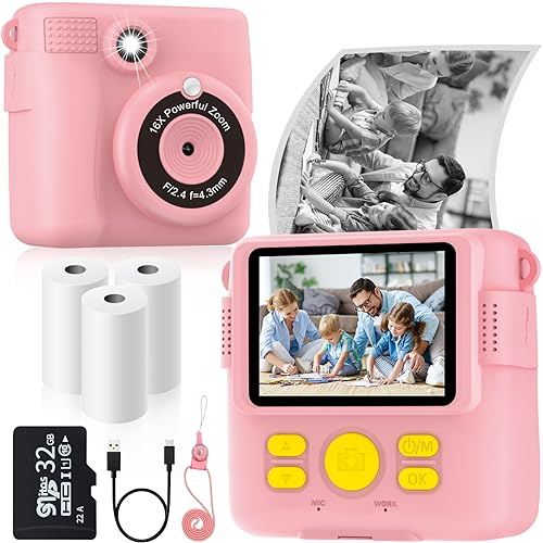 Omedelbar utskriftskamera för barn med 3 rullar skrivarpapper, 1080P småbarn digitalkameraleksaker för ålder 3-12 med 32 GB SD-kort, jul och födelsedagspresenter för 3, 4, 5, 6, 7, 8 år gamla flickor
