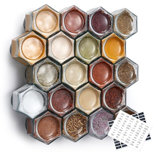 Homazing Set of 20 Large 4oz Magnetic Spice Jars for Refrigerator, Hexagon Glass Magnetic Spice Jars with Shaker Lids and Labels for Kitchen RV Travel Trailer, Magnetic Spice Containers for Fridge