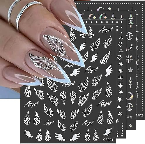 8 Blätter Silber Nagelsticker 3D Engelsflügel Nailart Aufkleber Sterne Nagelfolie Selbstklebend Silver Nail Sticker Mond Nagelaufkleber Stern Nagel Sticker Damen Nageldesign Zubehör Nail Art Stickers