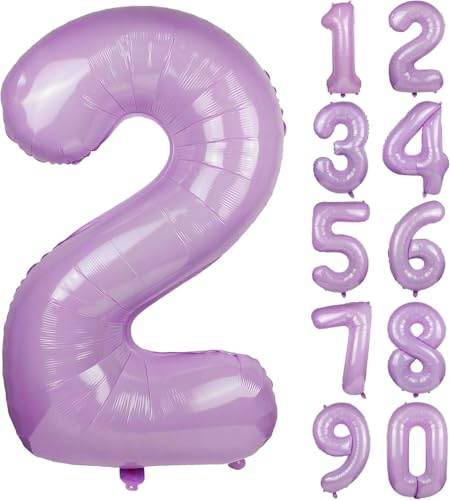 Folienballons * Macaron-Farben * als Zahlen Deko für Geburtstag und Party | XXL-Größe: 100cm | Zahl Luftballons Ballons Folienballon Ballondeko Kindergeburtstag, Edition: Lavendel-Flieder Zahl 2
