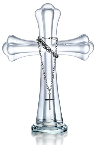 H&D HYALINE & DORA Cruz de cristal transparente de pie, figura de cruz sagrada de cristal para oración de iglesia, decoración del hogar, adorno de cruz de cristal para oración, conmemoración, regalos