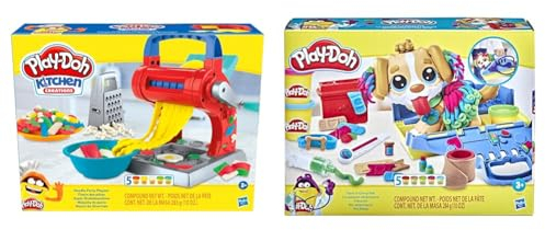 Play-Doh Care n Carry Vet Playset with Toy Dog, Carrier, 10 Tools, 5 Colours, Multicolor & Kitchen Creations Noodle Party Playset for Children Aged 3 and up with 5 Non-Toxic Colours