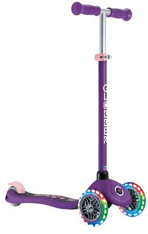 GLOBBER Primo Lights – Tretroller Kinder, 120/80 mm, ABEC 9, 3-rädrig, höhenverstellbar, LED-Leuchtrollen, lila