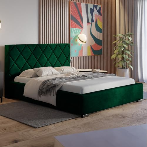 MOTIVENA Rosa Bett 180x200 Grün Samt, mit Stauraum, mit Kopfteil, mit Lattenrost, mit Füßen, ohne Matratze, Polsterbett 180x200 mit Bettkasten Grün (Dunkelgrün)