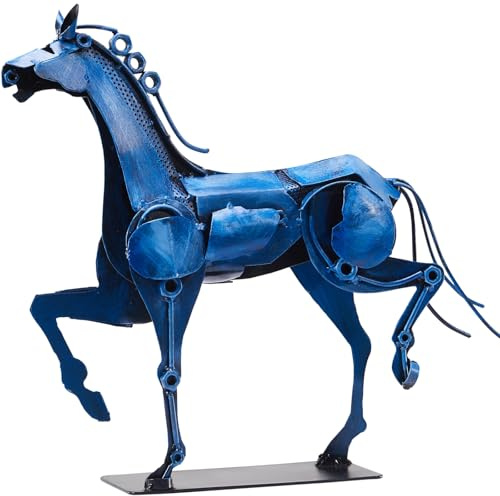 SunBlogs Art Metal Horse Statue - Rustic Handmade Western Décor - 100% Hand-painted Horse Décor for Office Home Garden - Horse Sculpture Gifts for Girls (Blue)