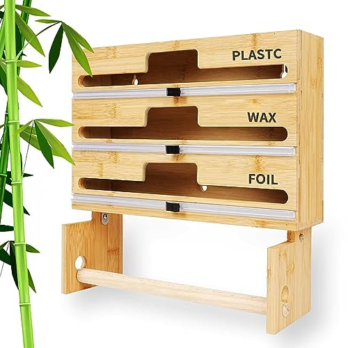 ITETONE 4 in 1 Plastic Wrap Dispenser with Slide Cutter and Holder, Paper Towel,Saran Wrap, Aluminum Foil and Parchment Paper Organizer Holder for Kitchen Drawer, Fits 12 Roll