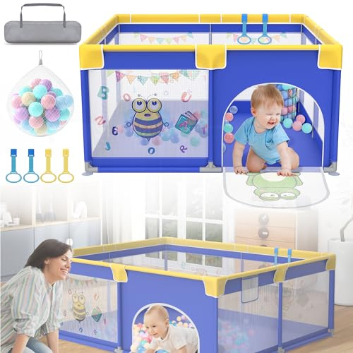 HENGMEI Laufgitter Baby 150 X 180cm Laufstall Absperrgitter Faltbar Aktivitätszentrum aus Kunststoff Mit 50 Bunten Kugeln, Atmungsaktivem Netz Sicherheitsspielplatz (Kleintier)