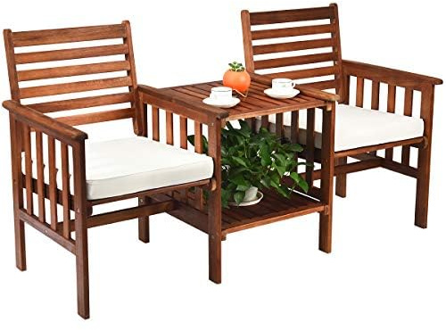 Generisch Sitzbank mit Tisch, 2-Sitzer Holzbank mit Sitzkissen & Schirmloch, Gartenbank aus Akazienholz bis 350 kg belastbar, Terrassenbank für Balkon, Garten, Terrasse, 165 x 65 x 88 cm